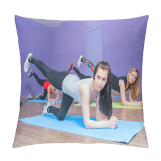 Personality  Fitness Woman In The Group. Gym Class. Stretching The Legs, Aerobics Pillow Covers