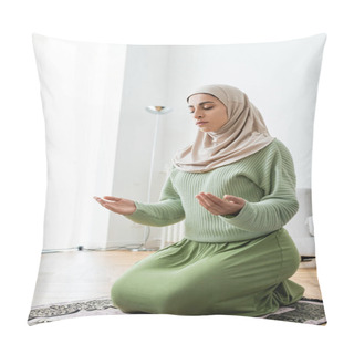 Personality  Young Arabian Woman Praying On Rug On Floor At Home  Pillow Covers