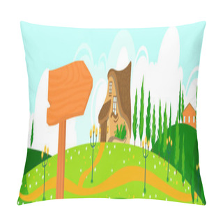 Personality  Eco House Nature Landscape Vector Illustration, Cartoon Flat Panoramic Natural Countryside Skyline With Fantasy Village Ecology Background Pillow Covers