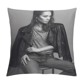 Personality  Portrait Of A Fashionable Model With Natural Make Up And Perfect Skin, Dressed In Men's Jeans, Grey Shirt, Black Jacket And Sneakers.  Studio Shot. High Fashion Look. Monochrome (black And White)  Photo Pillow Covers