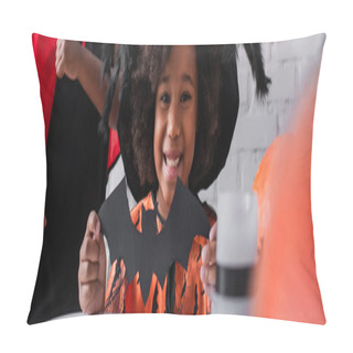 Personality  Happy African American Girl In Halloween Costume Holding Paper Cut Bat Near Brother, Banner Pillow Covers