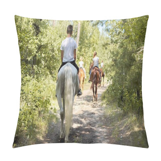 Personality  Group Of Teenagers On Horseback Riding In Summer Park Pillow Covers