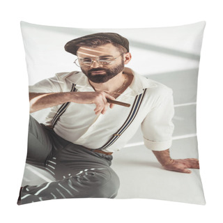 Personality  Thoughtful Bearded Man In Glasses And Cap Sitting On Floor And Holding Cigar Pillow Covers