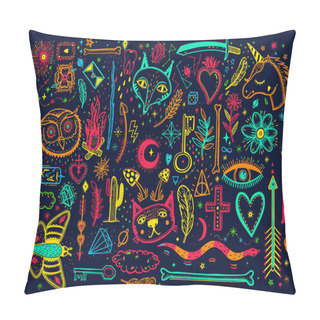 Personality  Sketch Graphic Illustration With Mystic And Occult Hand Drawn Symbols Big Set. Vector Holiday Illustration For Day Of The Dead Or Halloween. Astrological And Esoteric Concept. Old Fashion Tattoos. Psychedelic Style. Pillow Covers
