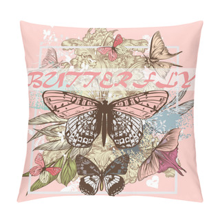 Personality   Poster Print With Flowers And Butterflies In Pink Colors Ideal  Pillow Covers