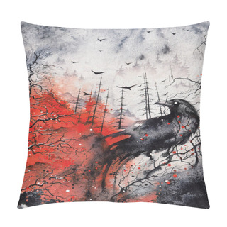 Personality  Black Raven Sitting On A Tree Near The Forest In Fire. Save The Nature Concept. Horror Red And Black Watercolor Art Pillow Covers