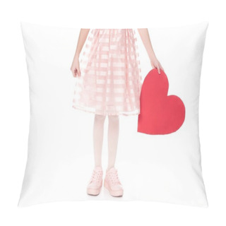 Personality  Cropped Shot Of Little Child In Pink Dress Holding Red Heart Symbol Isolated On White Pillow Covers