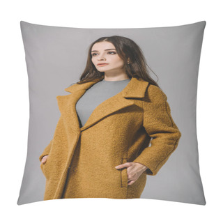 Personality  Elegant Pretty Woman Posing In Beige Coat, Isolated On Grey Pillow Covers