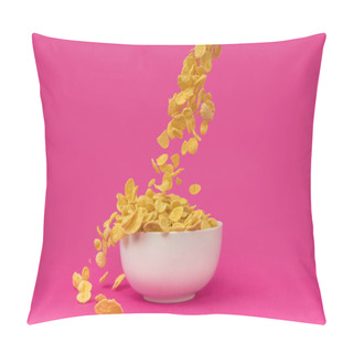 Personality  Close-up View Of Sweet Crunchy Corn Flakes Falling Into White Bowl Isolated On Pink   Pillow Covers
