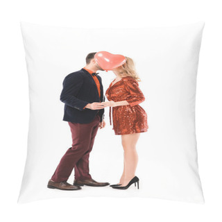 Personality  Attractive Couple Holding Hands And Kissing While Hiding Faces Behind Red Balloon Isolated On White Pillow Covers