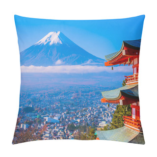 Personality  Beautiful Landscape Of Mountain Fuji With Chureito Pagoda Around Maple Leaf Tree In Autumn Season At Yamanashi Japan Pillow Covers