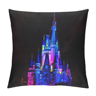 Personality  Orlando, Florida. November 15, 2019 Illuminated And Colorful Cinderella Castle In One Upon A Time Show At Magic Kingdom (2). Pillow Covers