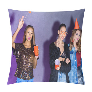 Personality  Happy Multiethnic Young Women With Party Decorations Against Concrete Wall Pillow Covers