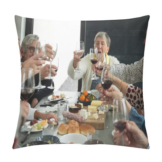 Personality  In This Vibrant Scene, Senior Friends Share A Toast Over A Table Laden With A Gourmet Selection Of Cheeses, Bread, And Fruits. Laughter And Cheer Are Evident As Glasses Are Raised In Celebration. The Pillow Covers