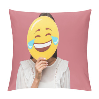 Personality  KYIV, UKRAINE - AUGUST 8, 2019: Young Woman Covering Face With Smiley Isolated On Pink  Pillow Covers