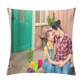 Personality  Happy Mother And Daughter Sitting And Holding Hands On Porch With Potted Plants Pillow Covers