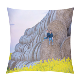 Personality  Two Children, Boy Brothers In A Oilseed Rape Field, Sitting On A Pillow Covers
