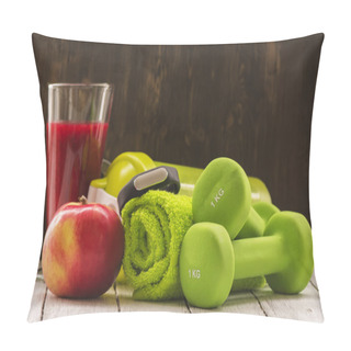 Personality  Fitness Or Diet Concept: Dumbbells, Fresh Red Smoothie, Apple Pillow Covers
