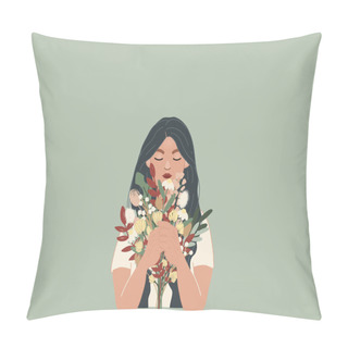 Personality  Illustration Of Woman Holding Bouquet Of Flowers On Grey Background  Pillow Covers