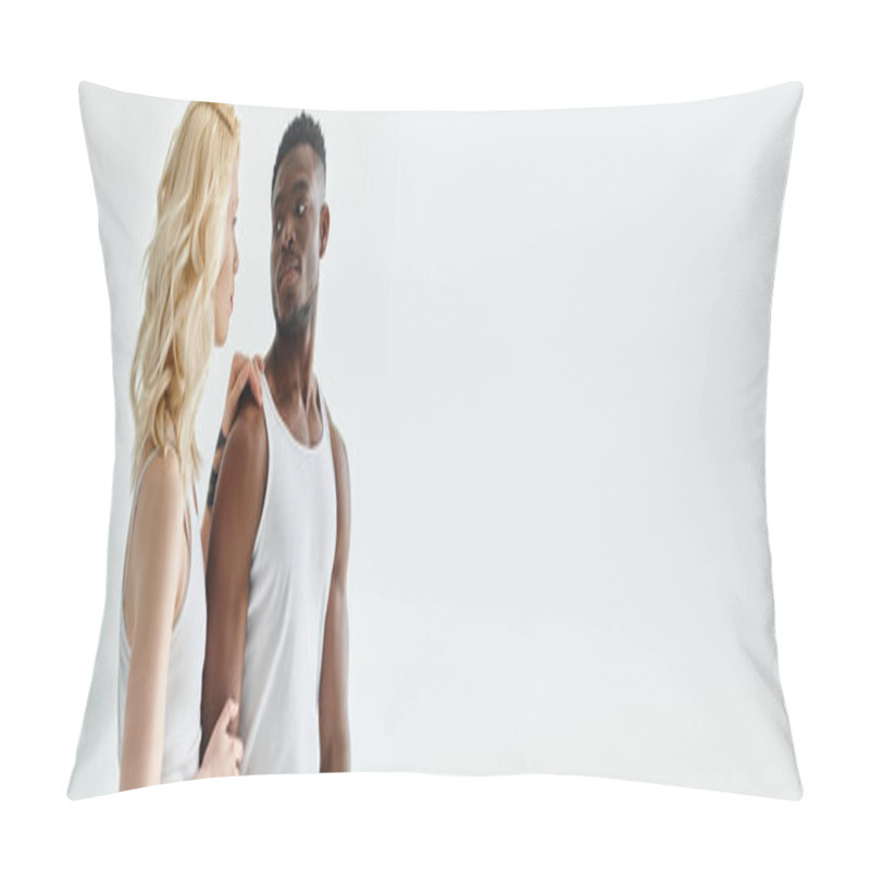 Personality  A Young Man And Woman Stand Side By Side In A Studio, Both Wearing White Tank Tops On A Grey Background. Pillow Covers