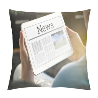 Personality  Man Reading The News On Tablet At Home. Imaginary Online And Mobile News Website, Application Or Portal On Modern Touch Screen Display. Holding Smart Device In Hand. Pillow Covers