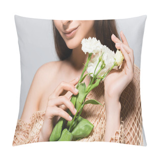 Personality  Partial View Of Smiling Beautiful Brunette Woman With White Carnations Isolated On Grey Pillow Covers
