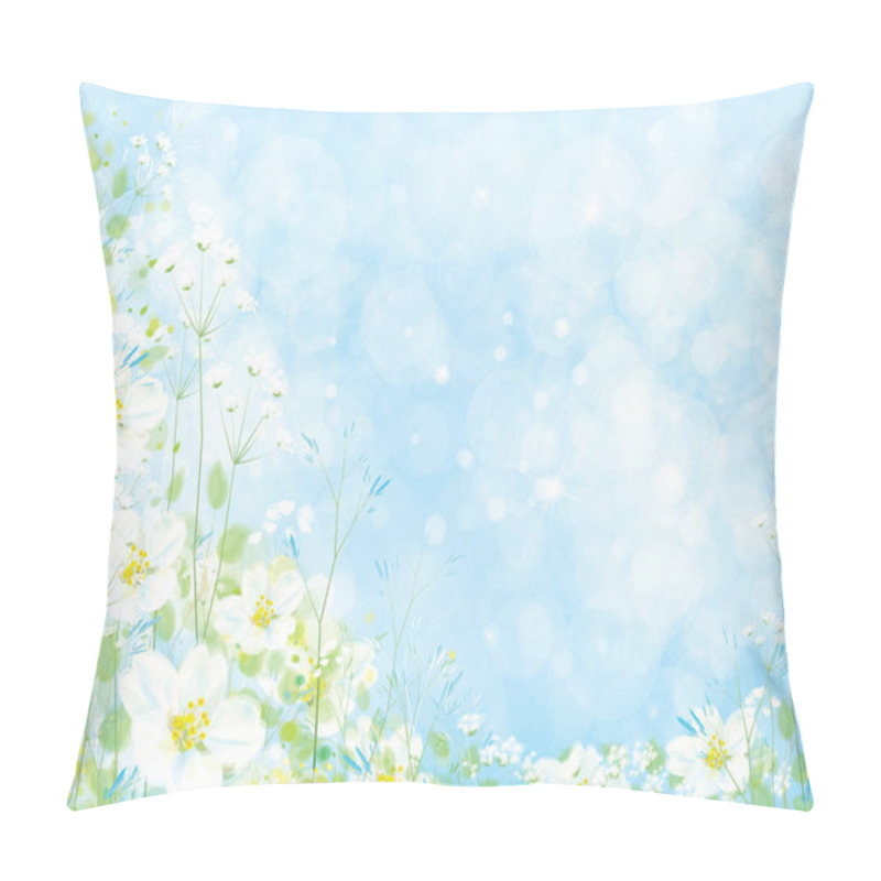 Personality  white flowers and green plants on blue bokeh background pillow covers