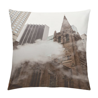 Personality  Low Angle View Of Red Brick Catholic Church Near Skyscrapers And Steam On New York City Street Pillow Covers