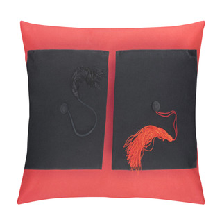 Personality  Top View Of Black Academic Caps With Tassels On Red Surface Pillow Covers