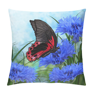 Personality  Big Black Butterfly Sits On A Blue Cornflower In A Forest Glade Pillow Covers