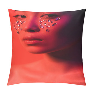Personality  Beautiful Naked Asian Girl With Rhinestones On Face Isolated On Red Pillow Covers