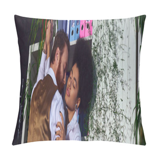 Personality  Passionate Interracial Couple Embracing Near Decorative Plants In Office At Night, Banner Pillow Covers