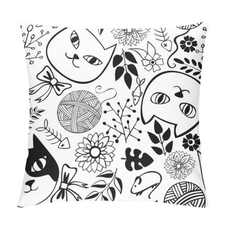 Personality Seamless Pattern With Cats And Flowers On A White Background Pillow Covers