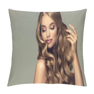 Personality  Laughing Blonde Girl With Long And Shiny Wavy Hair . Beautiful Smiling Woman Model With Curly Hairstyle . Pillow Covers