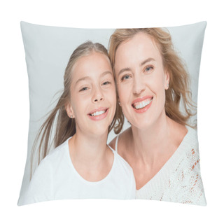 Personality  Attractive And Smiling Mother And Daughter Looking At Camera Isolated On Grey  Pillow Covers