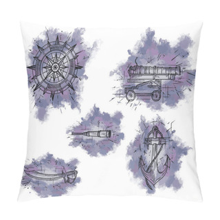 Personality  Set Of Watercolor, Cannon, Anchor, Compass, Telescope, Saber, Rope. All Object Made In Vector. Each One Is Separately. Pillow Covers