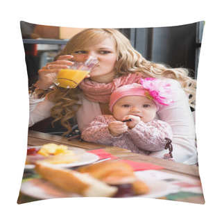 Personality  Young Mother And Baby Daughter Having Breakfast Together In A Pa Pillow Covers