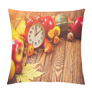 Personality  Autumn Harvest Concept. Fall Fruit And Vegetables On Wooden Background. Thanksgiving Day. Autumn Card With Vintage Alarm Clock, Copy Space. Fall Time Change. Seasonal Sales. Autumn Holidays Pillow Covers