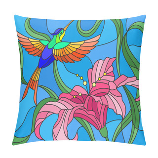Personality  Illustration In Stained Glass Style With Bright Hummingbird Against The Sky, Foliage And Flower Of Lily Pillow Covers