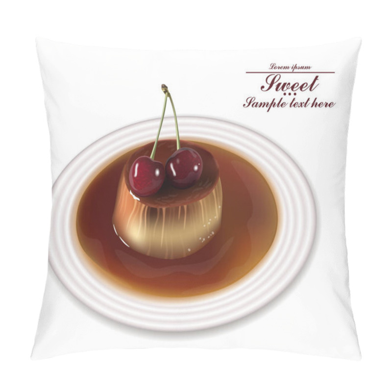 Personality  Panna cotta dessert Vector. Sweet breakfast with cherry on white plates pillow covers