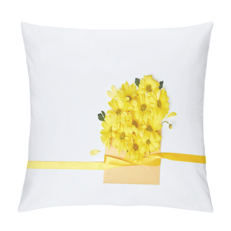 Personality  Yellow chrysanthemum flowers in envelope with ribbon isolated on white pillow covers