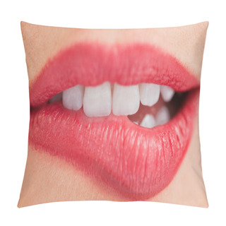 Personality  White Teeth Of A Woman Biting Her Lips Pillow Covers