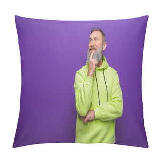 Personality  Pensive Senior Man With Beard And Grey Hair Looking Away While Thinking On Purple Pillow Covers