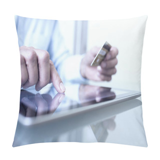 Personality  Man Holding Tablet Pc And Credit Card Indoor, Shopping Online Pillow Covers