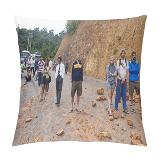 Personality  People Wait For Clearing A Road After Landslide Pillow Covers