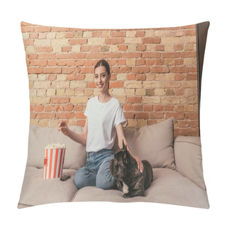 Personality  Happy Woman Holding Popcorn And Sitting On Sofa With Cute French Bulldog Pillow Covers
