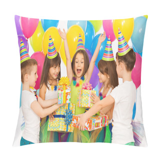 Personality  Joyful Little Kid Girl Receiving Gifts At Birthday Party Pillow Covers