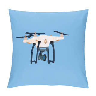Personality  Illustration Of Remote Controlled Military Drone With Ukrainian Trident Symbol And Video Camera On Blue Background  Pillow Covers