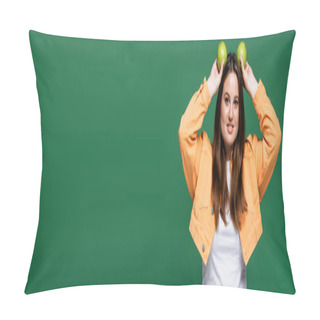 Personality  Cheerful Body Positive Woman Holding Apples Near Head Isolated On Green, Banner  Pillow Covers
