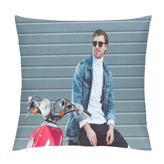 Personality  Happy Young Man In Denim Jacket On Vintage Red Scooter Pillow Covers